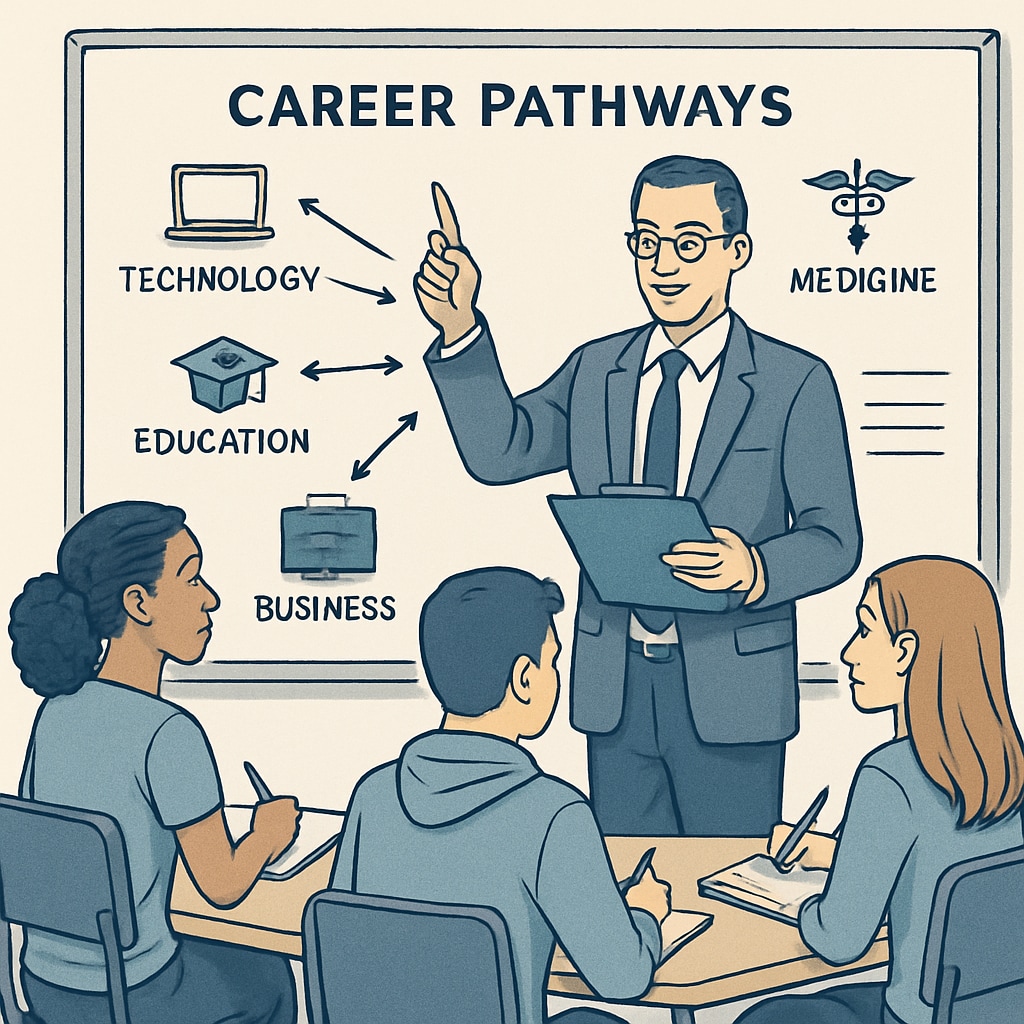 An inspiring career guidance session with a mentor explaining career pathways to a group of students. Career planning workshop showing mentorship and diverse career options for students.