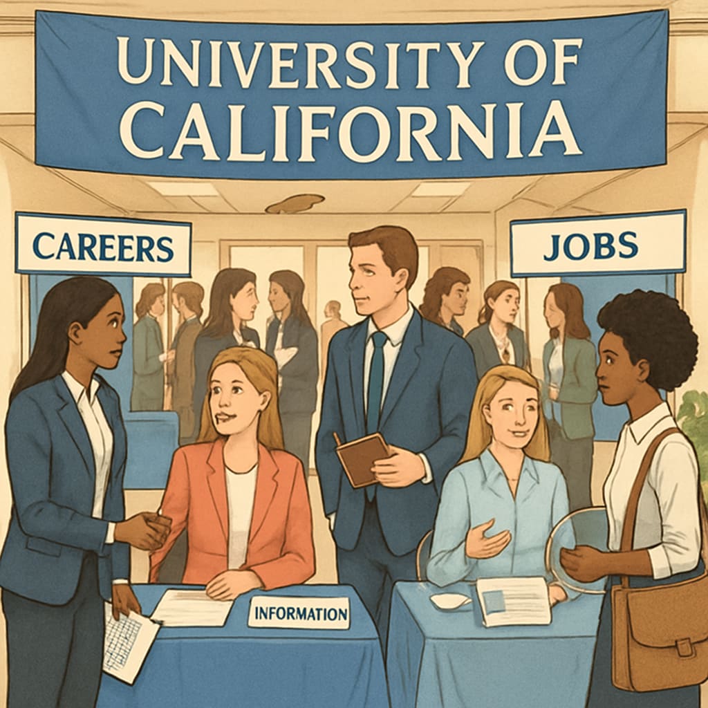 A University of California career fair featuring students interacting with employers at booths, showcasing networking and job application opportunities. Students at a University of California career fair exploring internship and job opportunities.