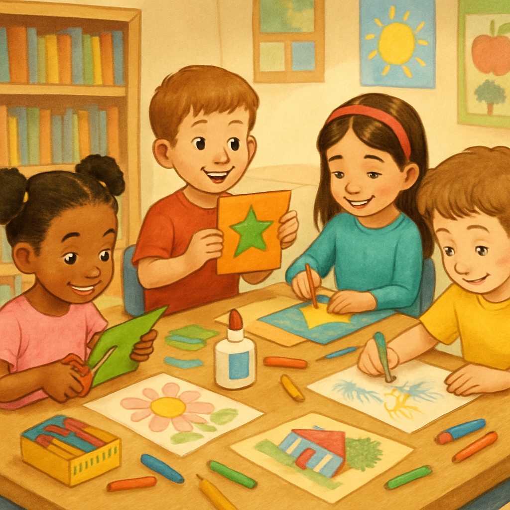 A group of first graders engaging in creative play with art supplies in a relaxed environment. First graders participating in creative activities, free from academic pressures.
