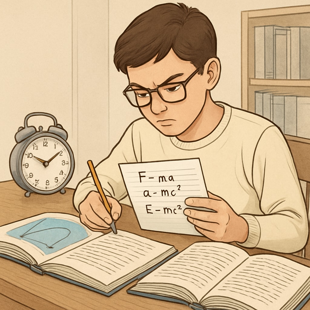 A focused high school student reviewing physics notes at a desk with textbooks and a clock nearby, symbolizing time management and exam preparation. Focused student studying physics backlogs with time management in mind.