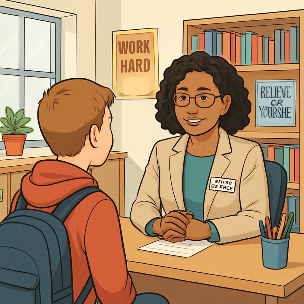 A professional school counselor speaking with a student in a bright and welcoming office. Non-teaching position in education: school counselor assisting a student.