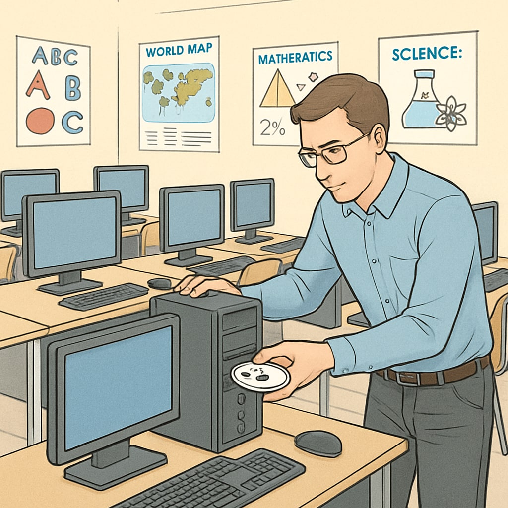 An IT specialist installing educational software on a computer in a school lab setting. Non-teaching role in education: IT specialist troubleshooting school technology.