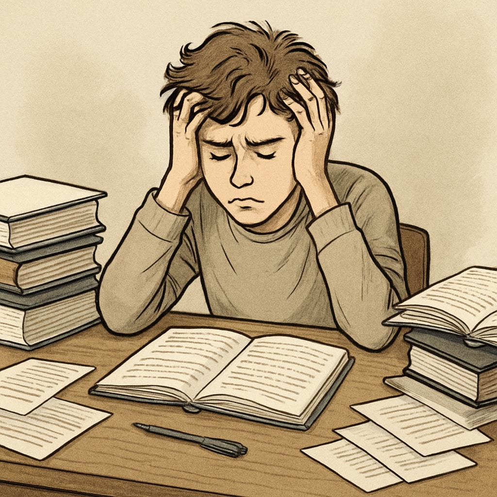 A stressed teenager sitting at a desk, surrounded by books and papers, symbolizing academic struggles. Stressed teenager dealing with academic challenges and lifestyle struggles.