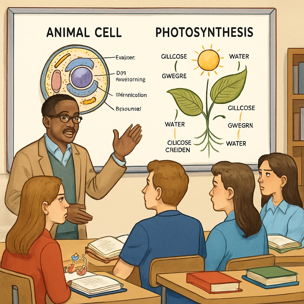 A professional STEM educator teaching biology concepts to high school students in a classroom setting. STEM educator teaching biology concepts to high school students