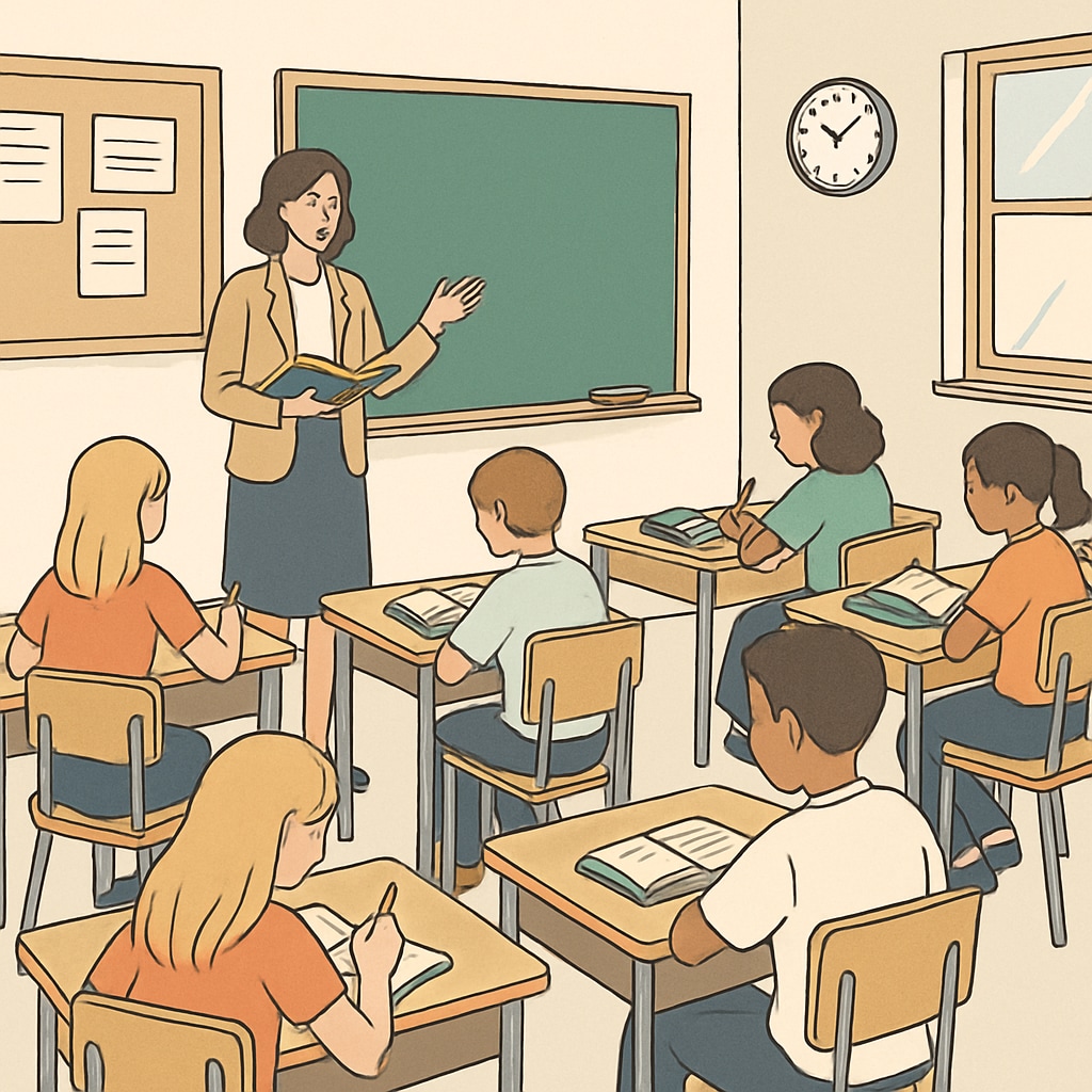 A classroom setting showing students working attentively while a teacher instructs, representing an ideal learning environment free from disruptions. Classroom environment with focused students and a teacher, illustrating disruption-free learning.