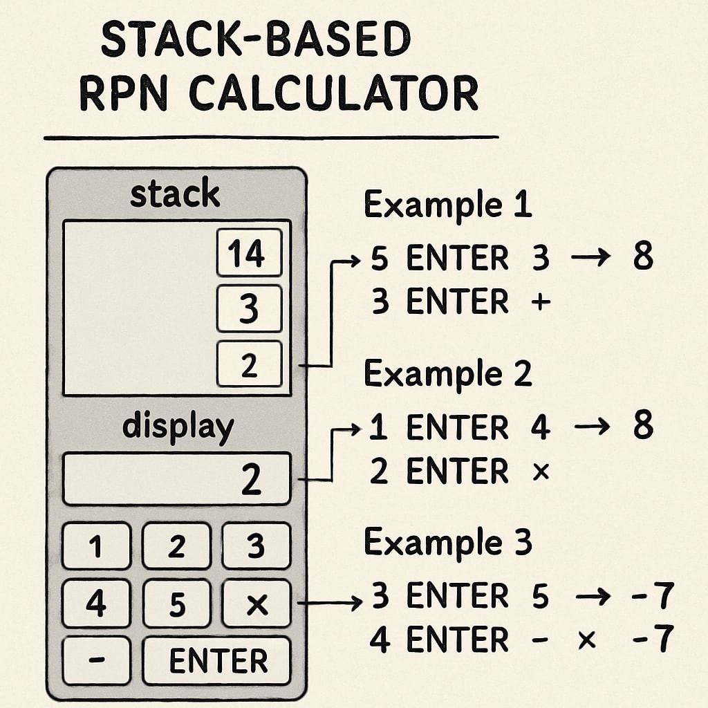 A stack-based RPN calculator interface showing example calculations to illustrate how reverse Polish notation works in practice. RPN calculator interface demonstrating calculations using reverse Polish notation.