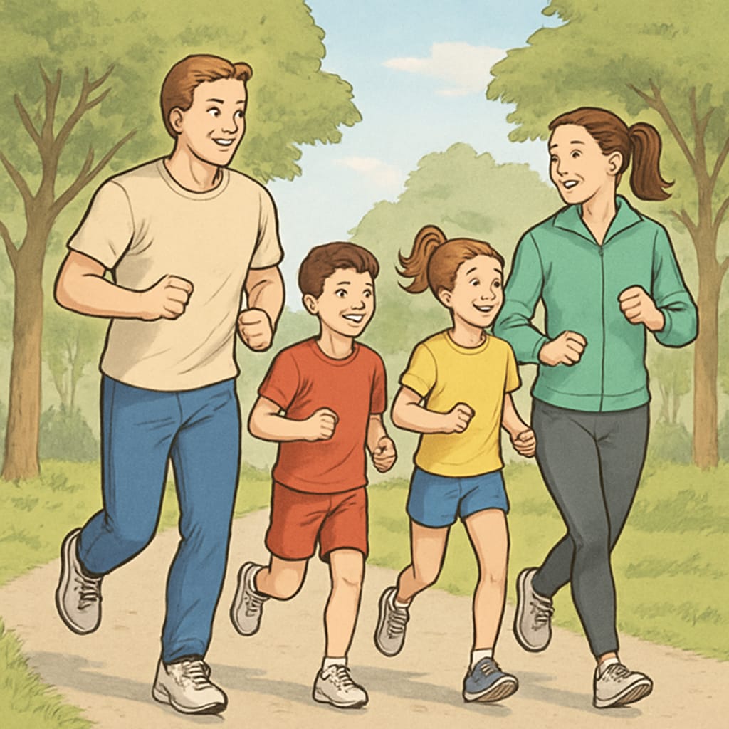 A family jogging together outdoors, promoting healthy habits and a supportive environment. Family jogging to encourage healthy habits and lifestyle balance for teens.