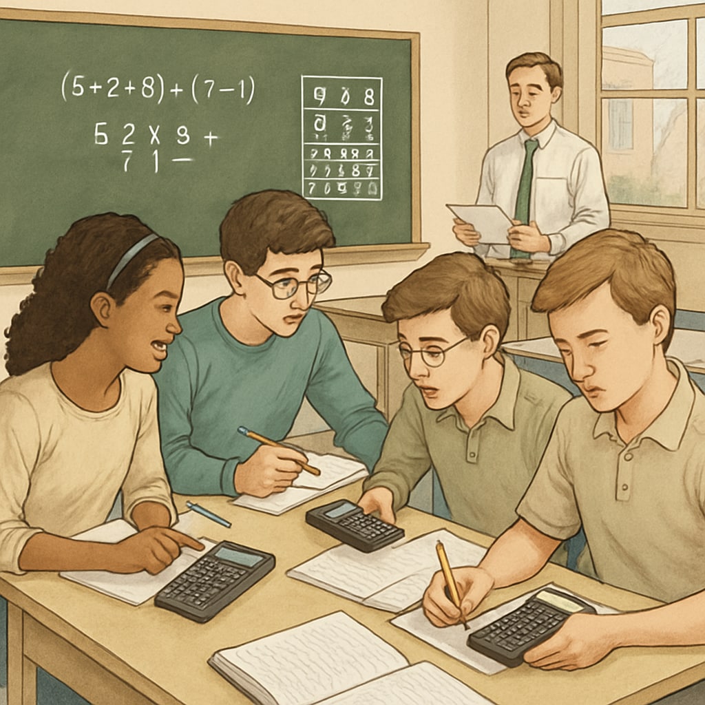 A classroom setting showing students actively using RPN calculators to solve complex math problems during a group activity. Students solving math problems using RPN calculators during a classroom lesson.