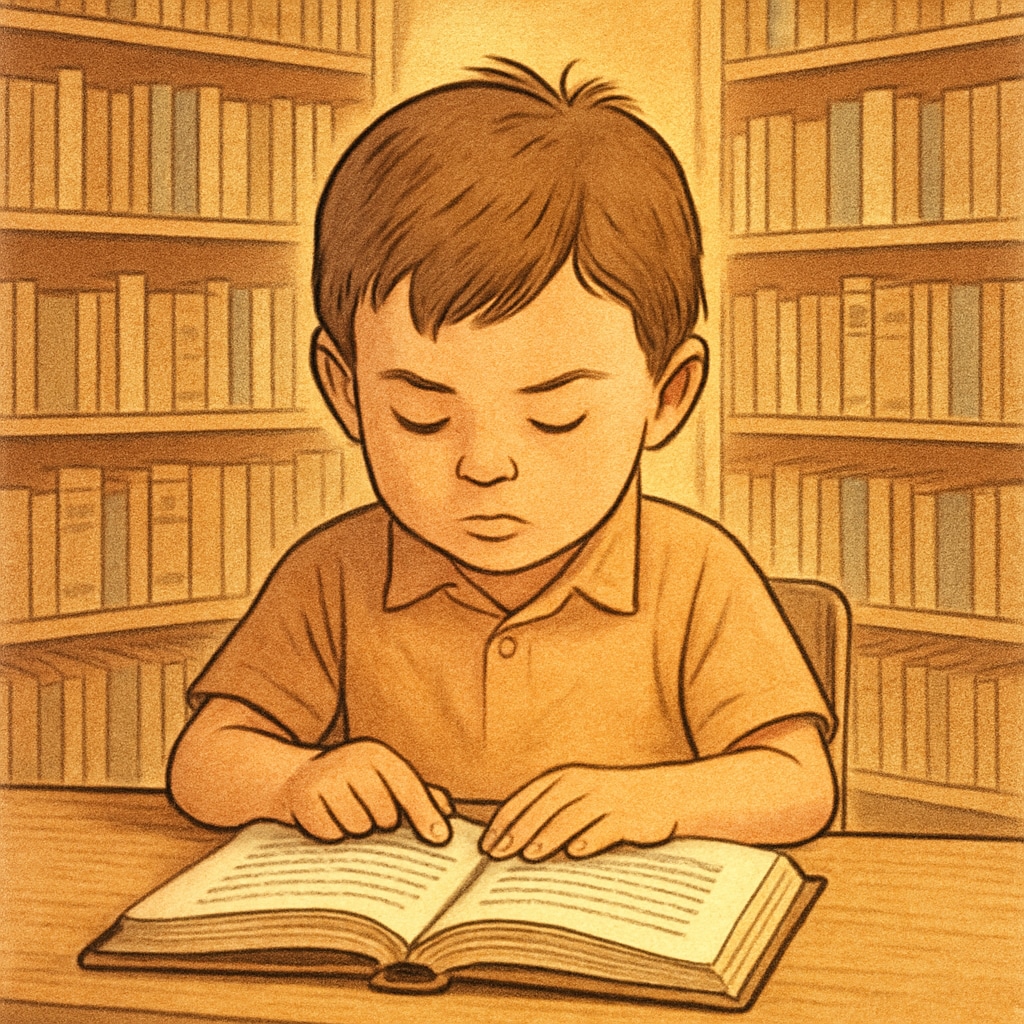 A child reading a book at a library with a look of concentration. The setting emphasizes the importance of reading habits in young learners. A child reading a book to highlight free reading comprehension tools.
