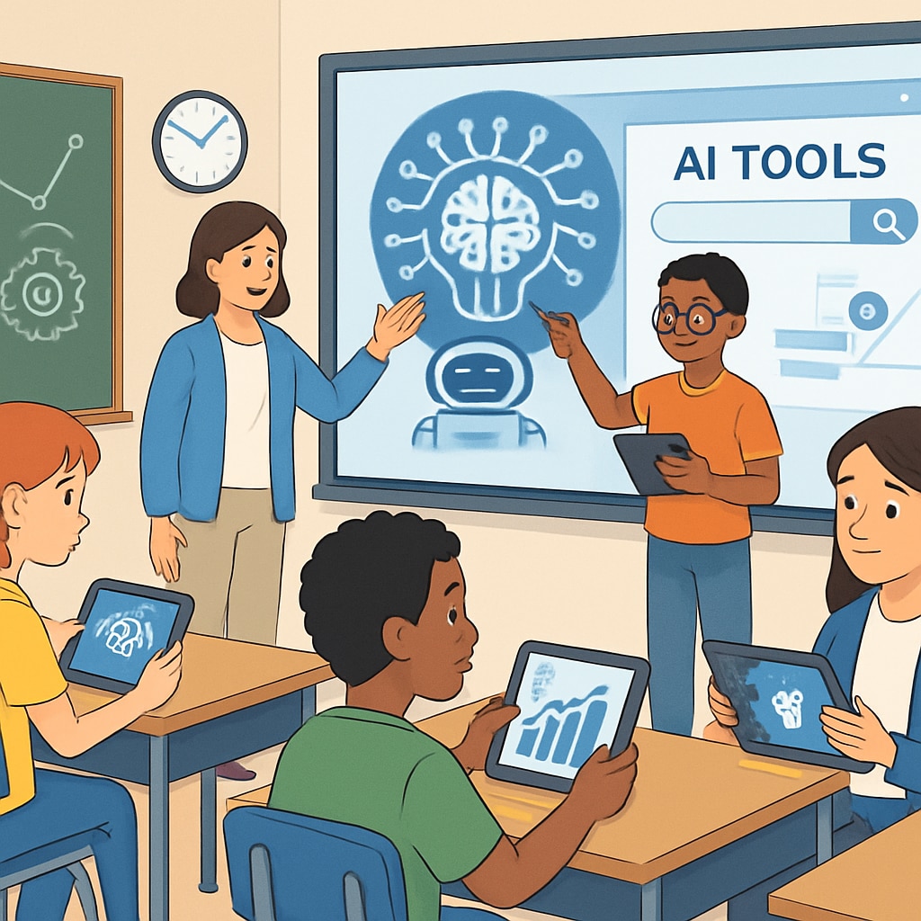 An illustration of a classroom integrating AI tools, showing students using tablets and interactive screens. AI tools in a classroom setting, students using interactive learning platforms.