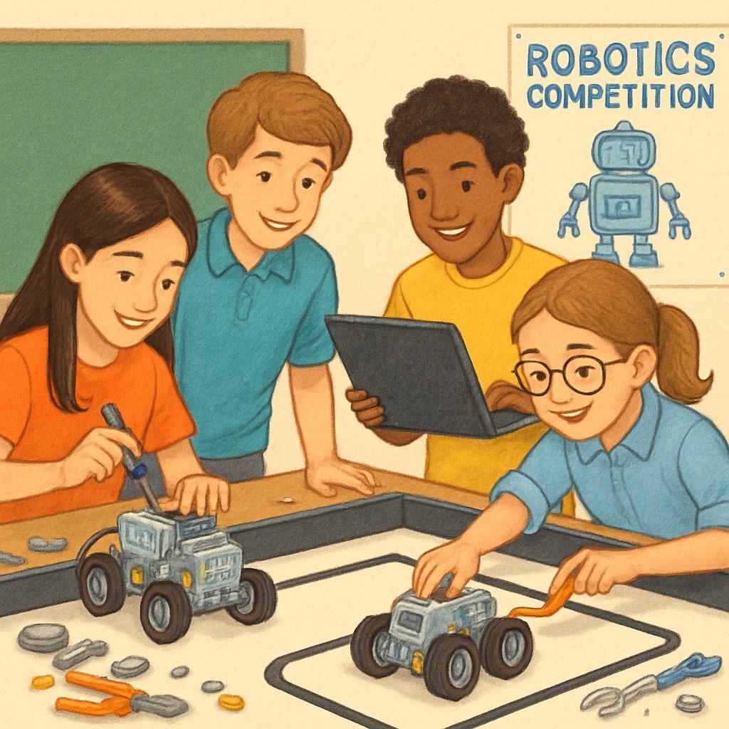 A group of students engaged in a robotics competition, showcasing teamwork and creativity. Students collaborating in a robotics competition, highlighting creativity and problem-solving.