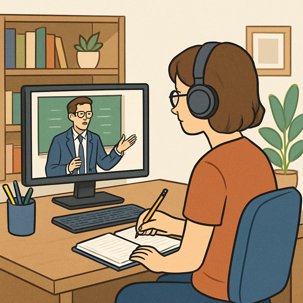 An online student attending a virtual lecture from a home office, representing flexible learning options. A professional pursuing a master’s degree online while managing career growth and time management.