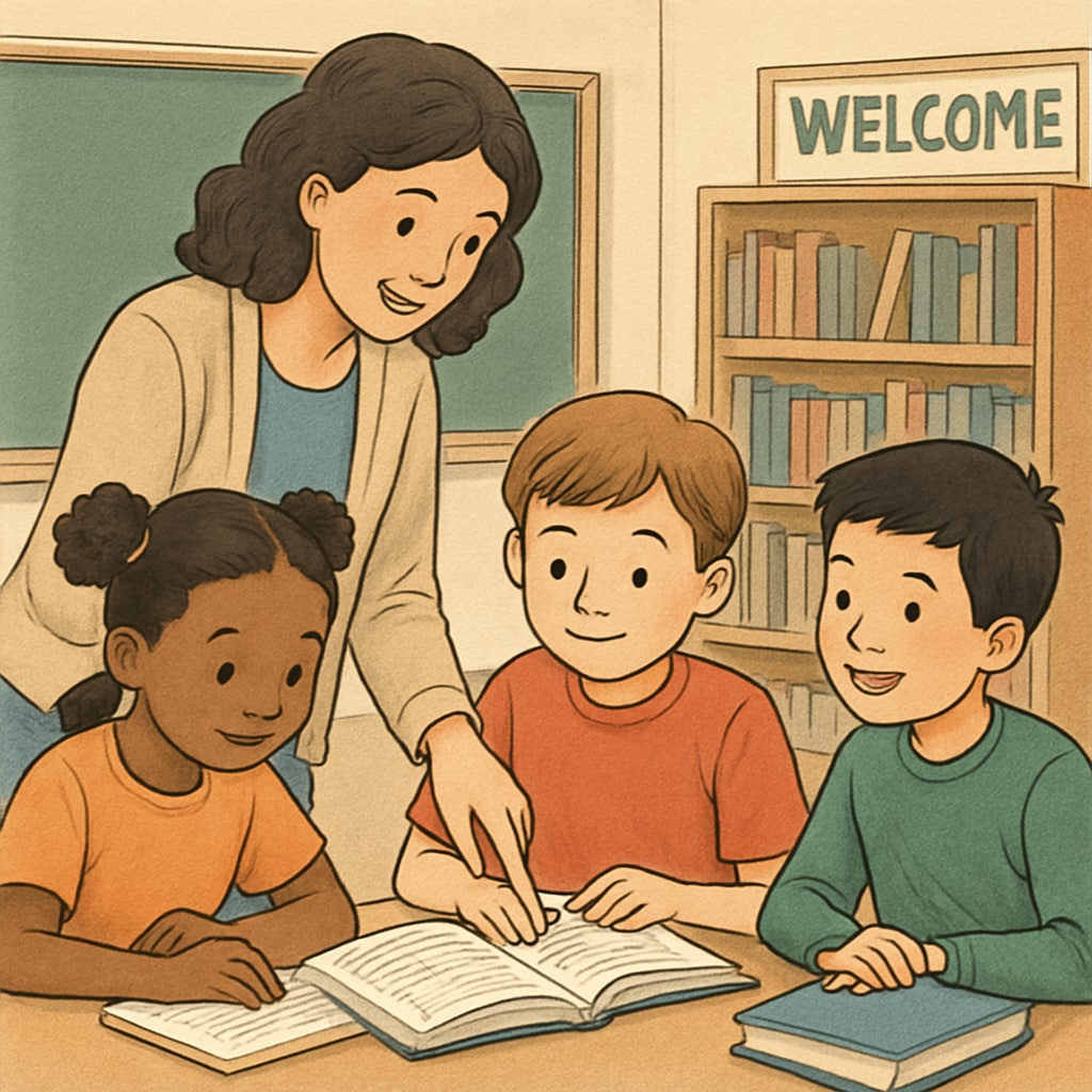 A teacher guiding students during a group reading activity. The image illustrates interactive and collaborative learning methods. A teacher conducting a group reading session as part of free reading programs.