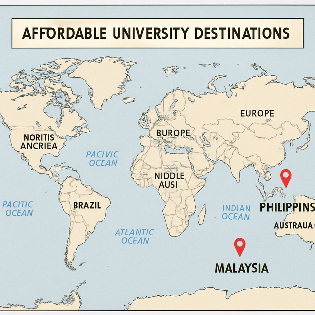 A map showing affordable university destinations worldwide, focusing on Malaysia, the Philippines, and Europe. Map highlighting affordable university destinations for AS Level students.