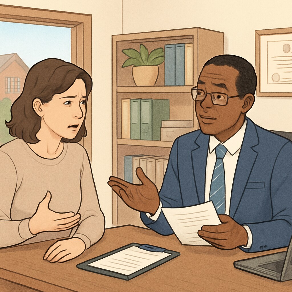 A concerned parent discussing attendance policies with a school administrator in a professional setting. Parent discussing strict attendance policies with school administrator.