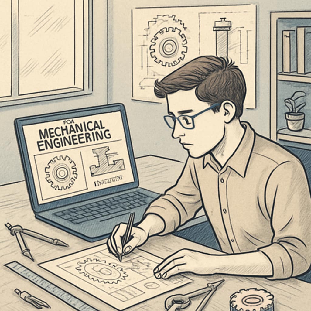 A student working on mechanical engineering designs while reviewing online coursework on a laptop in a modern workspace. Mechanical engineering student balancing designs and online studies for career growth.