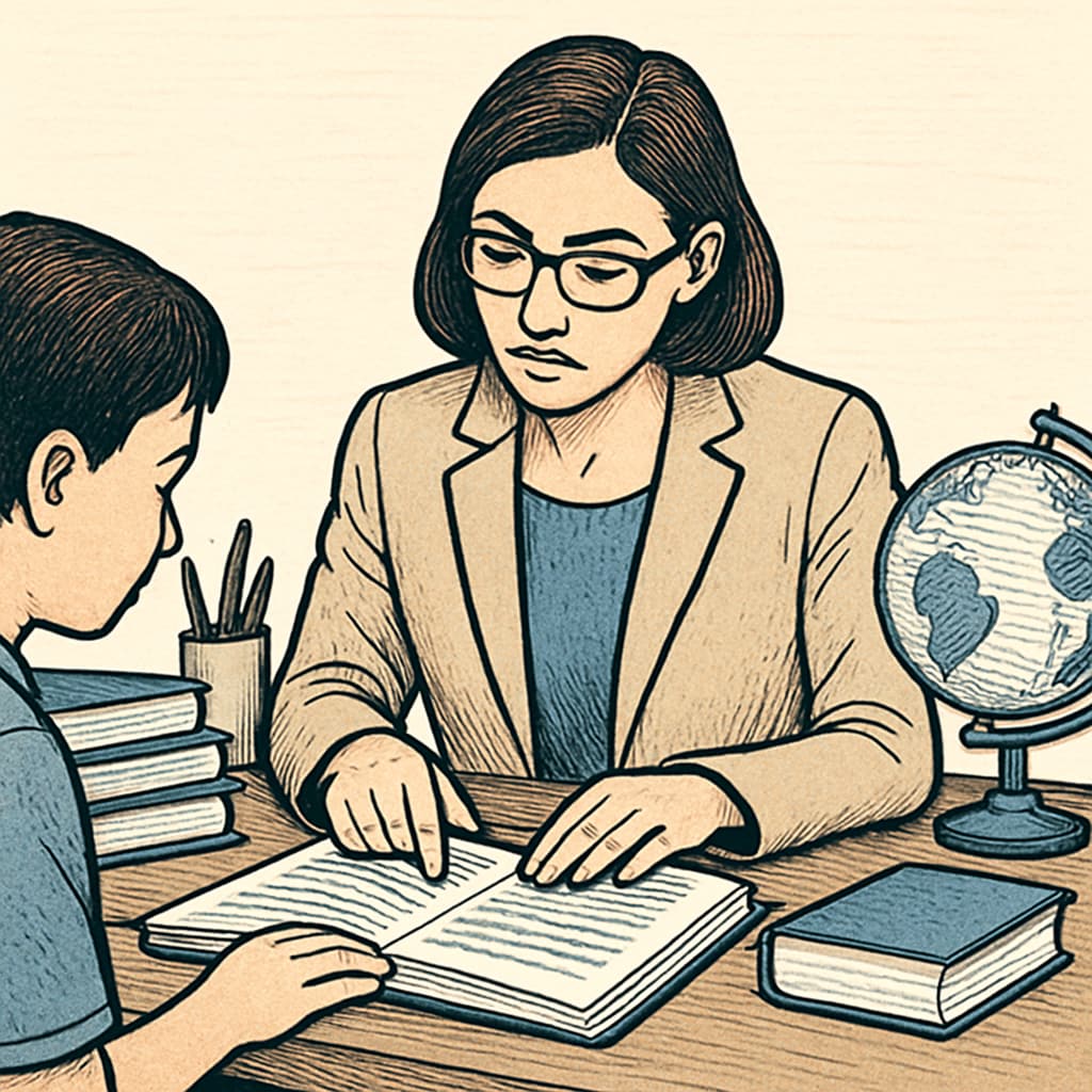 A teacher reviewing a student’s reading materials, symbolizing the role of educators in shaping text complexity research. Teacher analyzing reading materials for text complexity research.