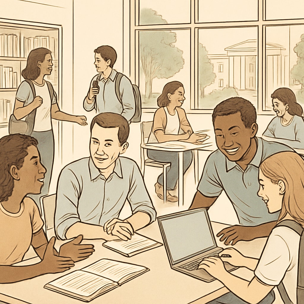 A supportive learning environment in a higher education institution, showcasing diverse students engaging in collaborative activities. Supportive learning environment in higher education promoting student success