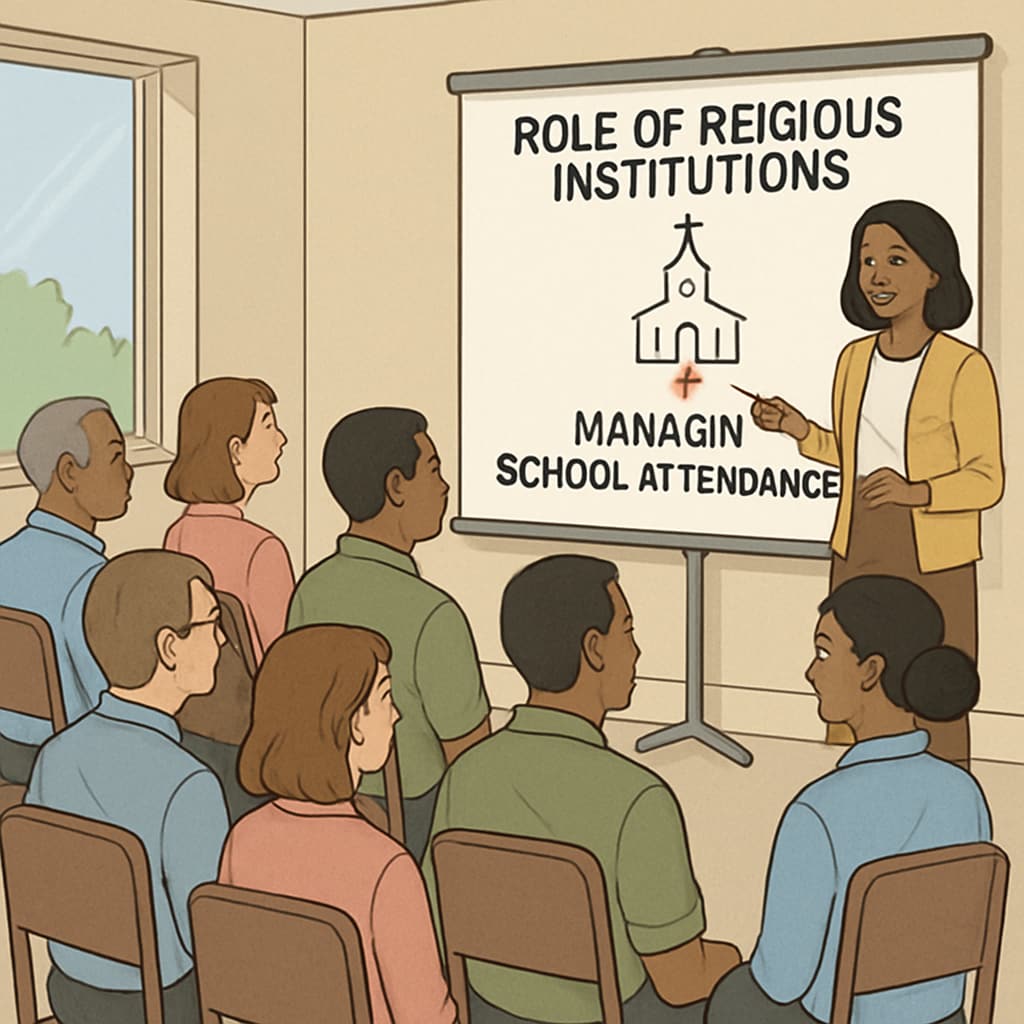 A community meeting held to discuss the role of religious institutions in school attendance management. Community meeting addressing religious involvement in school attendance policies.