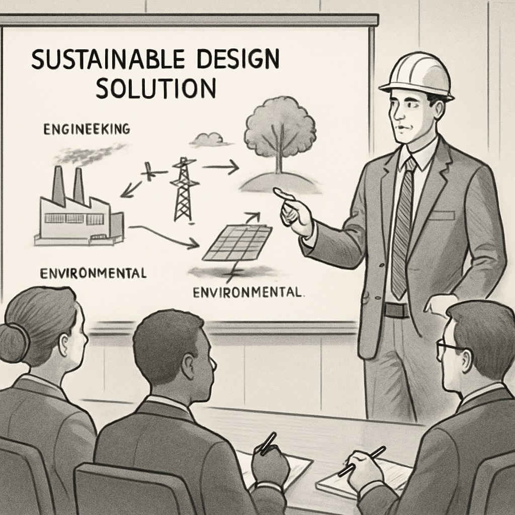 An engineer presenting a sustainable design solution in a business meeting, highlighting the integration of engineering and environmental studies. Engineer showcasing sustainable designs in a professional setting.