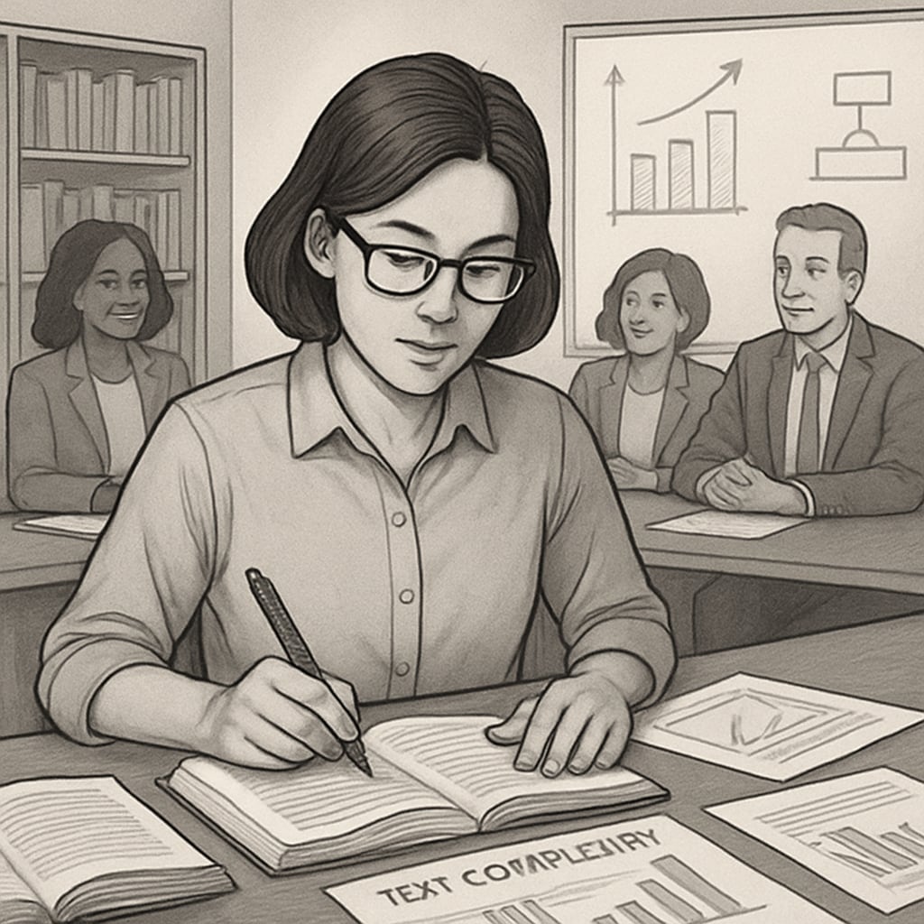 An educator participating in a text complexity study, highlighting the collaborative nature of the research. Educator working on text complexity evaluation for reading comprehension research.