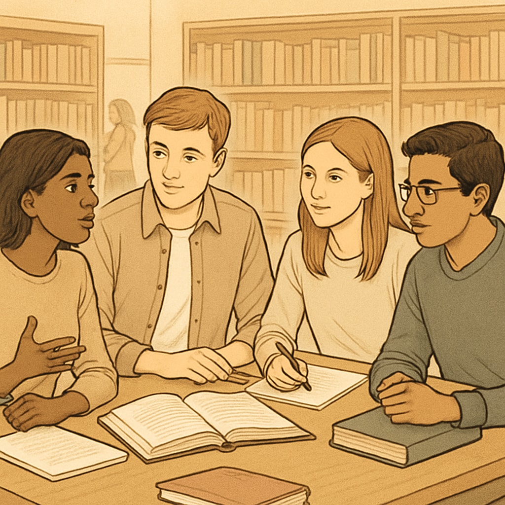 Students participating in a group discussion in a university library, emphasizing collaboration and inclusivity. University students engaging in collaborative discussion for academic success