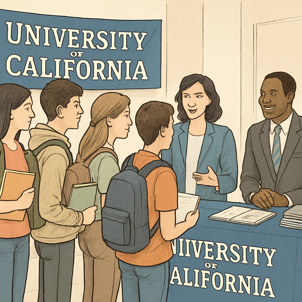 A group of high school students attending a University of California open house event, engaging with university representatives to explore academic options. High school students at University of California open house event learning about college programs.