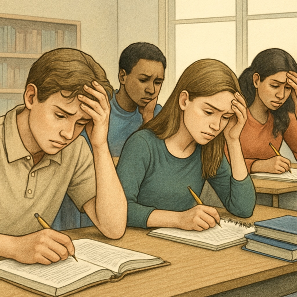 A group of students sitting in a classroom, visibly stressed while preparing for exams. This image illustrates the pressure and anxiety faced by students during high-stakes tests like GCSEs. GCSE results, academic anxiety, career prospects: students stressed during exams