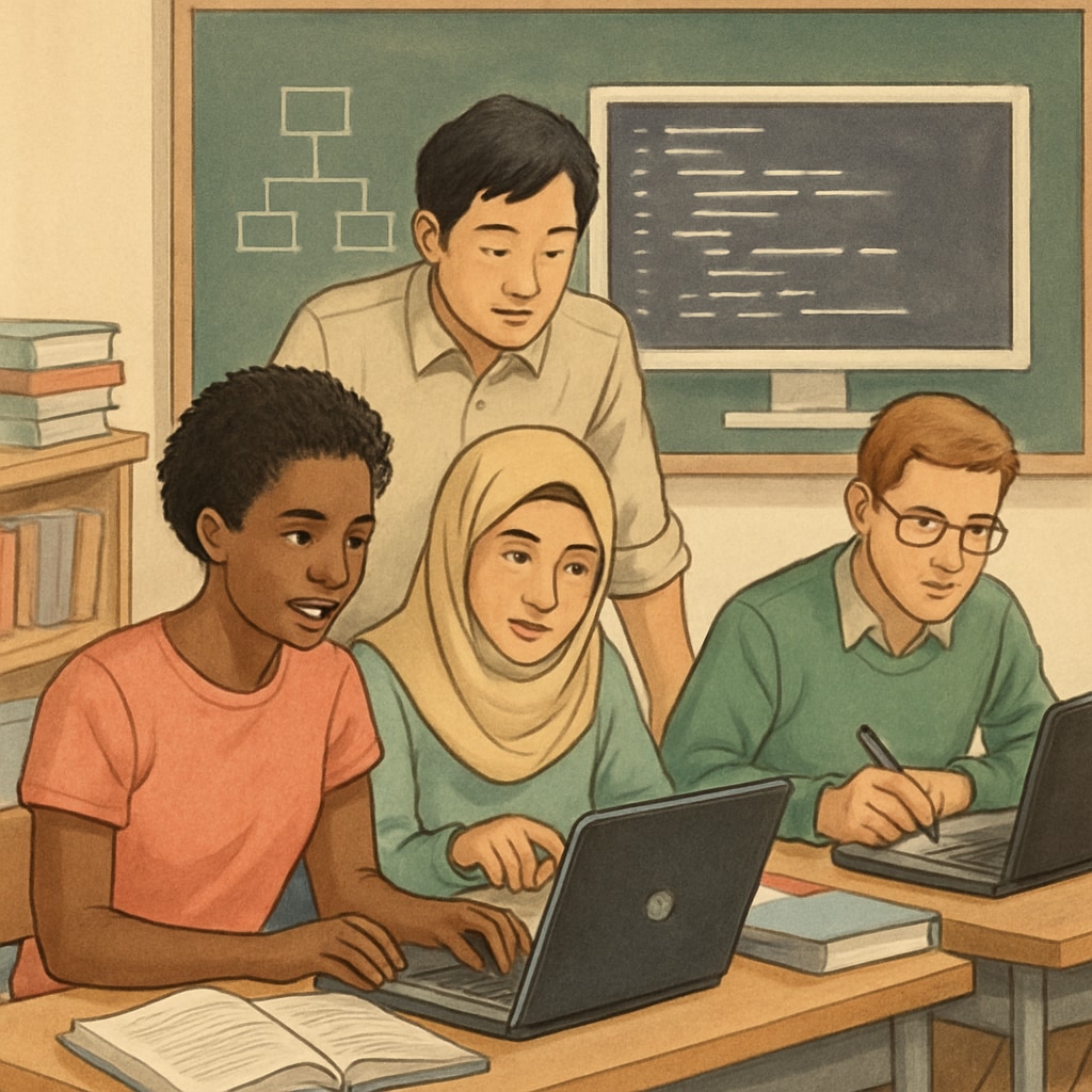 A classroom setting with international students collaborating on coding projects, representing academic preparation for data science studies. International students collaborating on coding projects for data science preparation