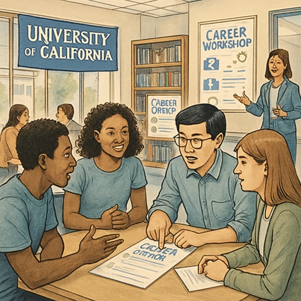 A University of California campus career workshop, with students engaging in discussions about various career options and pathways. Students participating in a career workshop at a University of California campus.
