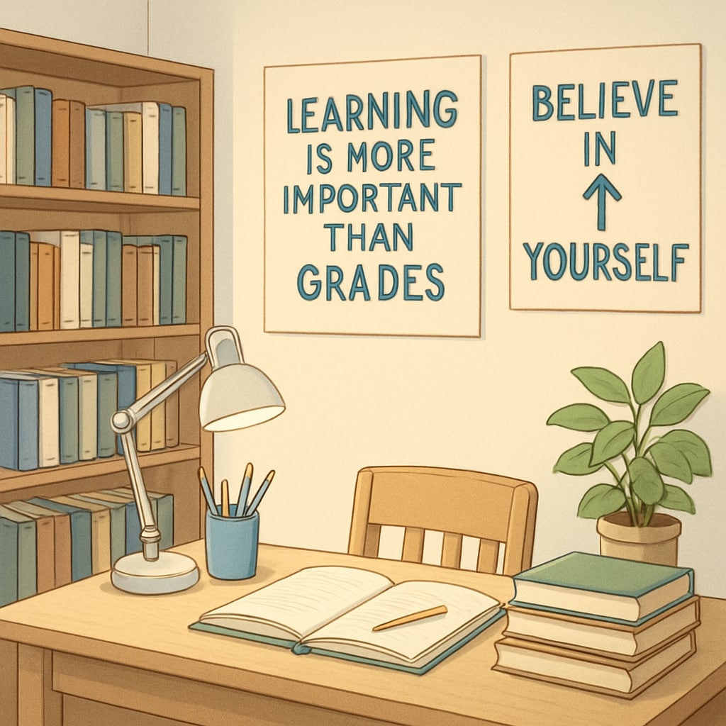A serene study space with motivational posters encouraging students to focus on personal growth rather than grades. This image highlights the importance of creating supportive environments for students. GCSE results, academic anxiety, career prospects: motivational study space
