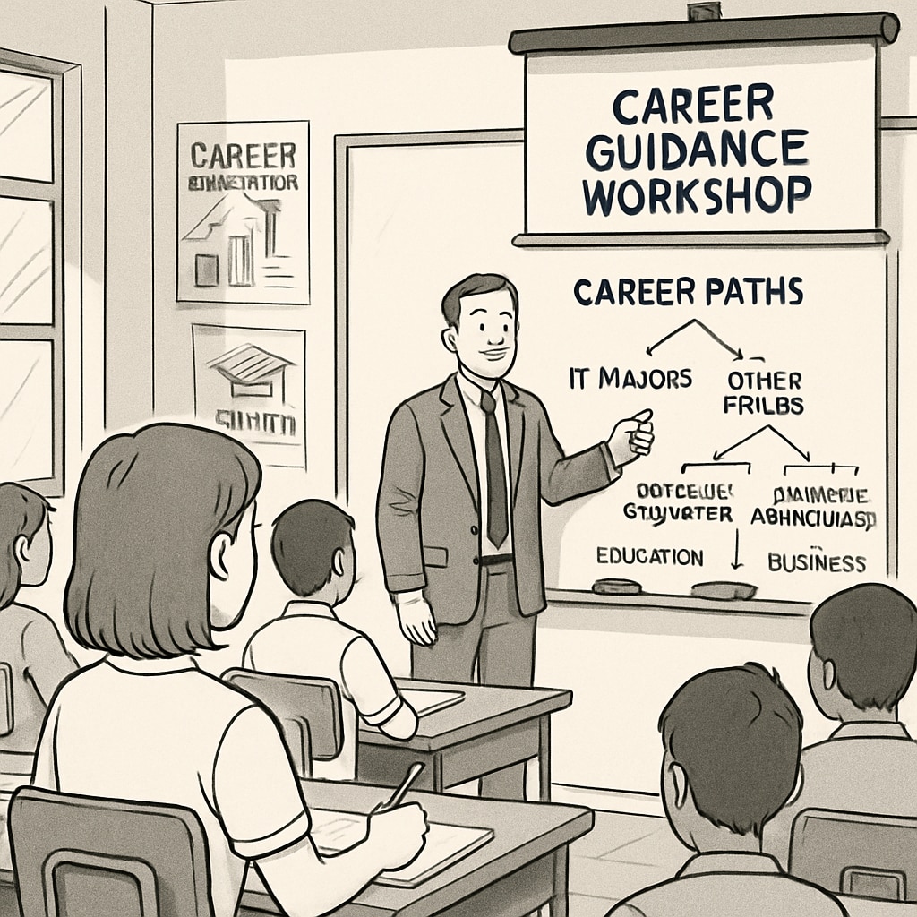 A high school student attending a career guidance workshop where IT majors are discussed alongside other fields. Career guidance workshop with students exploring IT majors and university planning.