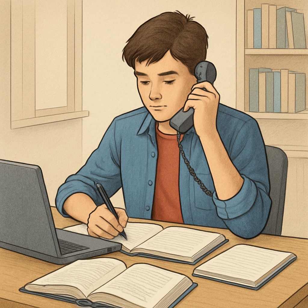 A high school student balancing their studies and part-time job, sitting at a desk with books and a laptop. A high school student working part-time while managing schoolwork.