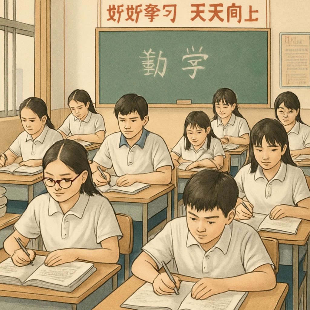 A classroom of Chinese students deeply focused on their studies, reflecting the country’s academic rigor and test-oriented approach. Chinese students studying for the Gaokao in a classroom, emphasizing academic focus.