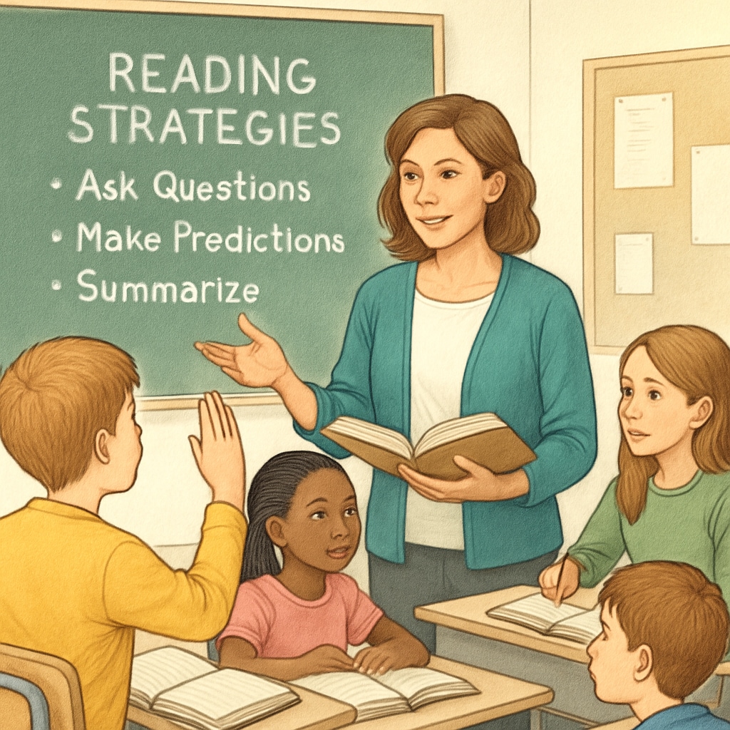 A classroom with a teacher guiding fifth-grade students in a reading discussion, emphasizing interactive reading strategies. Fifth-grade classroom with teacher and students discussing a book, highlighting ELA teaching strategies.