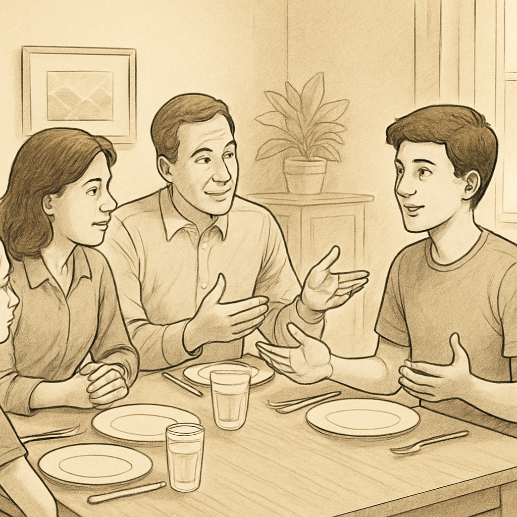 A family discussing a teenager’s part-time job opportunity at the dinner table. Parents and teenager discussing part-time job responsibilities.