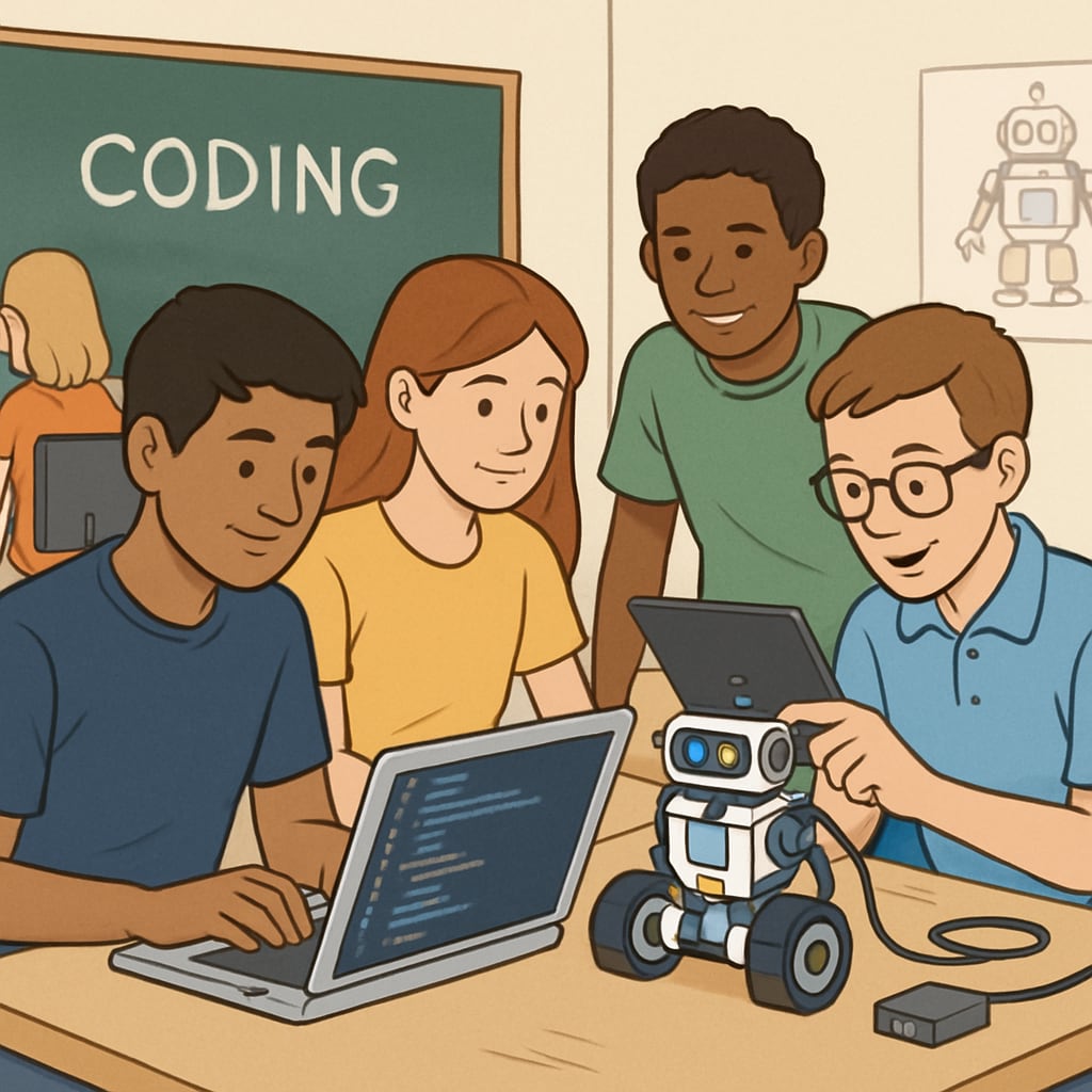 A group of students participating in a coding bootcamp or robotics competition, showcasing practical experiences related to IT careers. Students in a coding bootcamp exploring IT-related activities for career preparation.