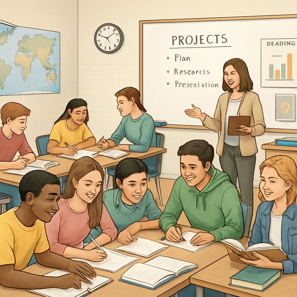 A US high school classroom where students work on group projects, representing diverse teaching and assessment methods. US high school students collaborating on a project, showcasing diverse evaluation strategies.