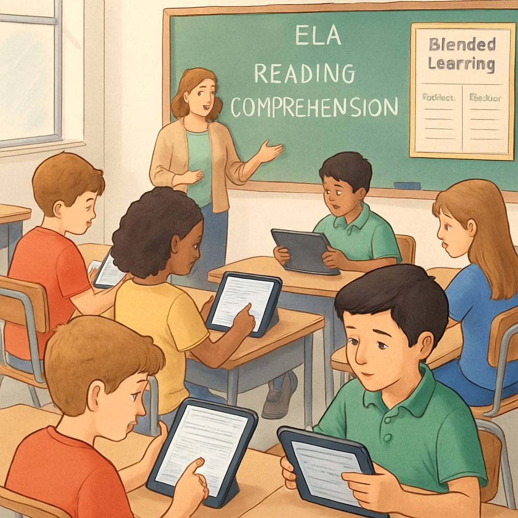 Fifth-grade students using tablets for a reading comprehension activity, demonstrating blended learning in ELA. Fifth-grade students on tablets in an ELA class, showcasing blended technology integration.