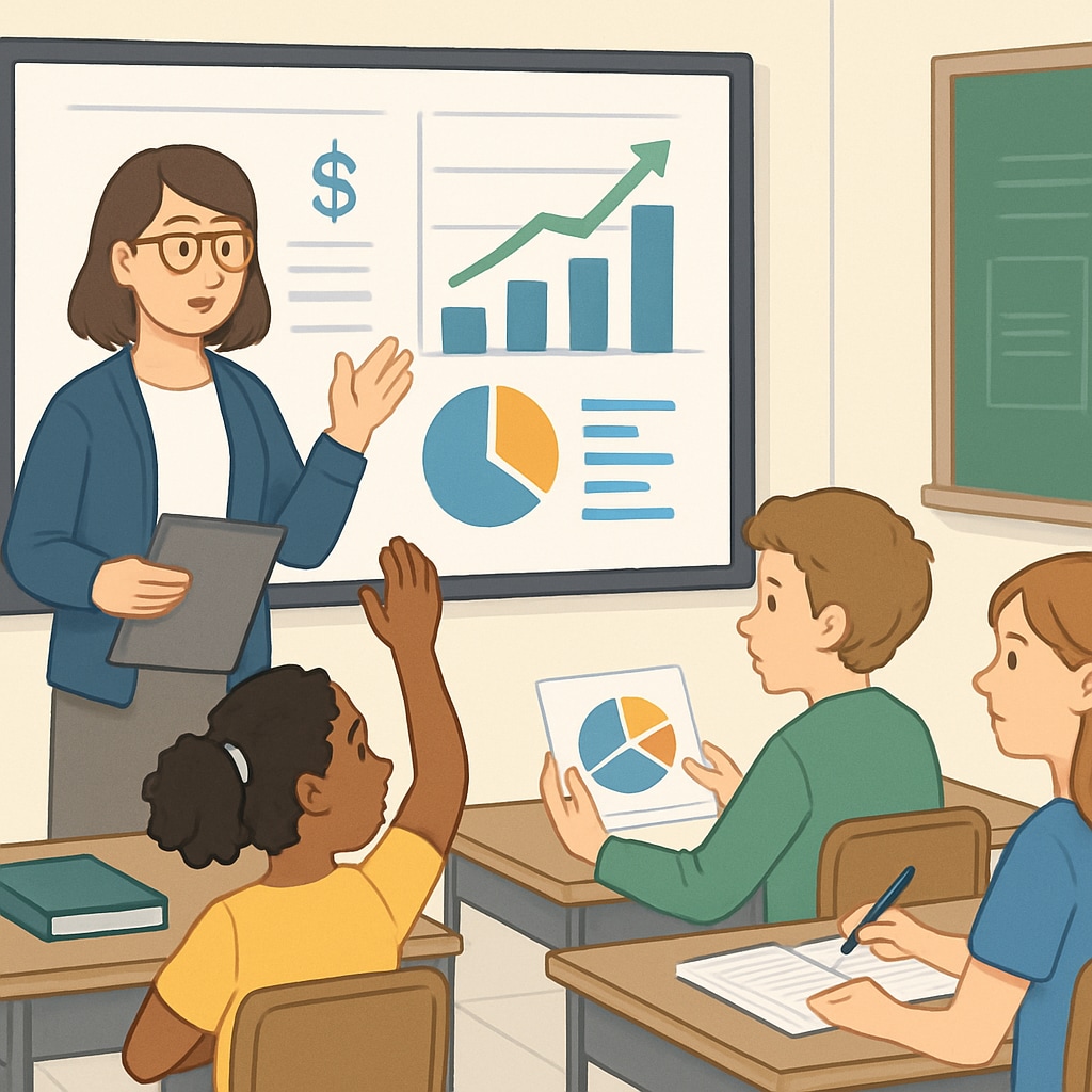 A classroom with students engaging in a financial literacy activity, with charts and graphs visible on the screen. Students learning financial literacy through engaging classroom activities