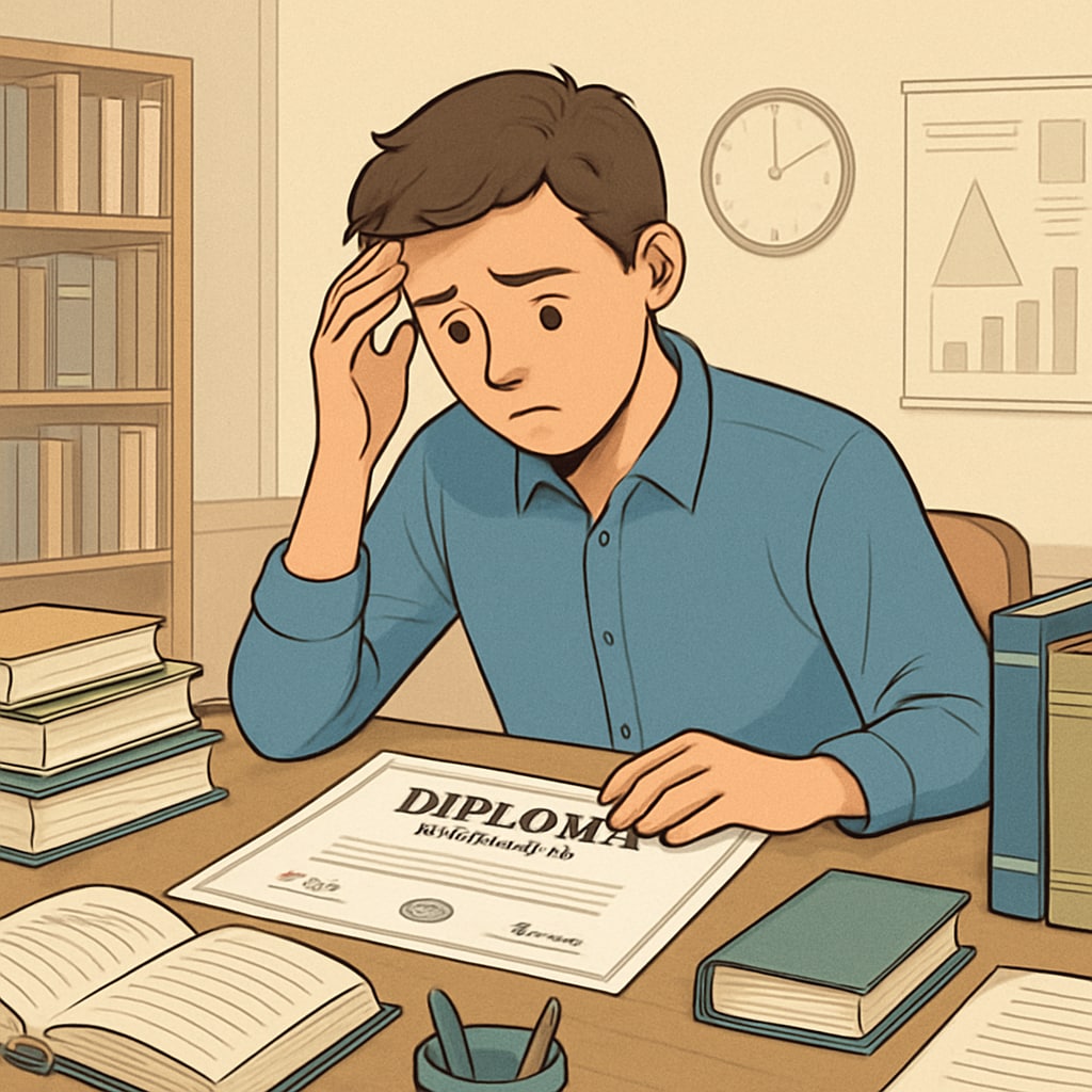 A student looking worried while reviewing their high school diploma in a quiet study room. A student reflecting on their amended high school diploma and its implications.