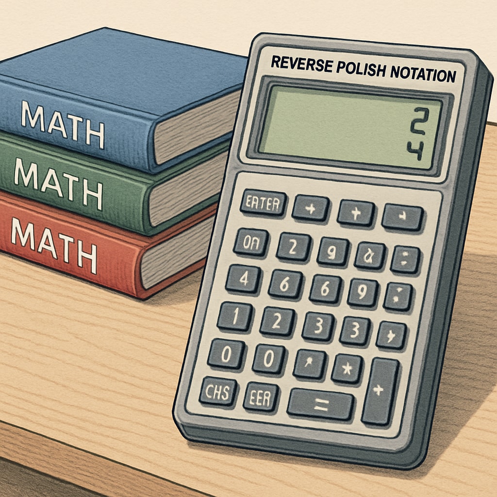 A vintage Reverse Polish Notation calculator sitting on a desk, with a stack of math textbooks beside it. A vintage RPN calculator on a desk with math books, illustrating mathematical tools.