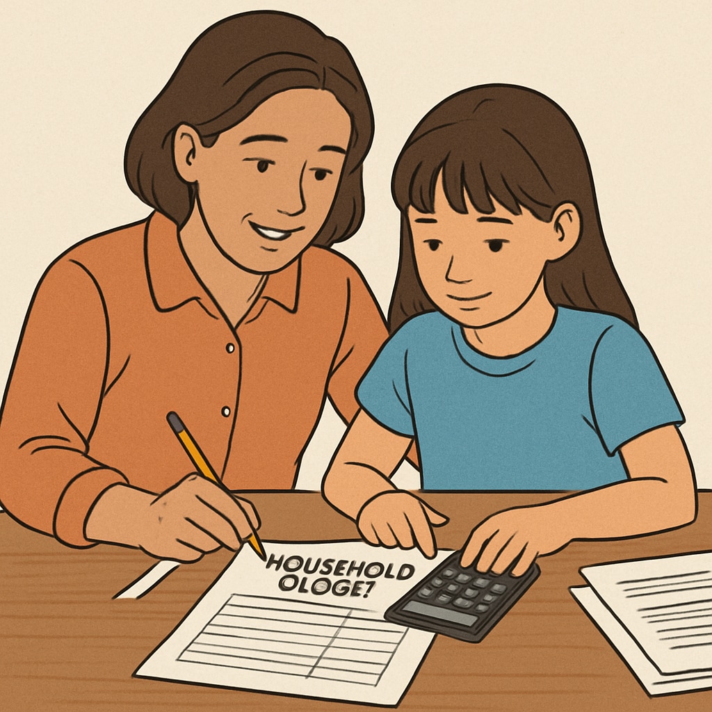 A parent working with their child on a household budget worksheet, promoting financial literacy at home. Parent and child collaborating on financial literacy exercises