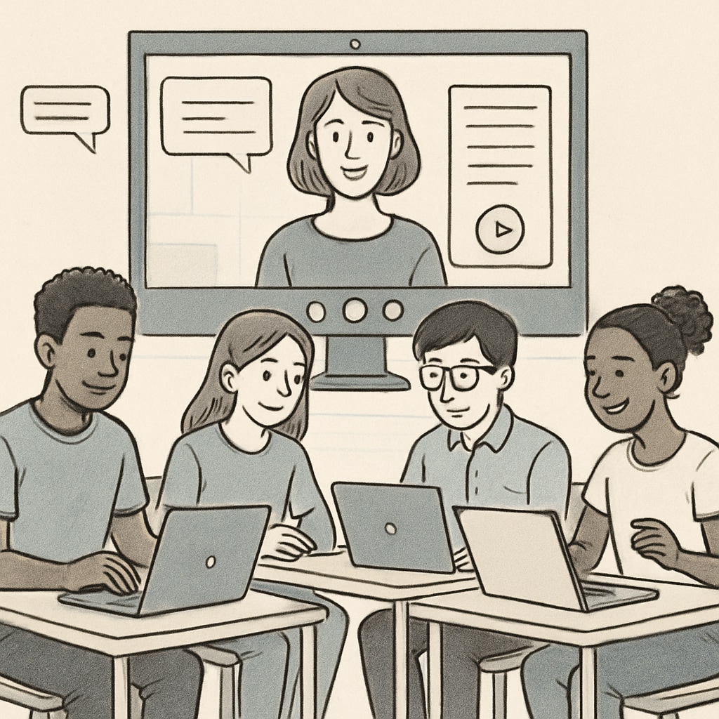 A diverse group of students participating in an online learning program with laptops. Students engaged in online courses to supplement their education.