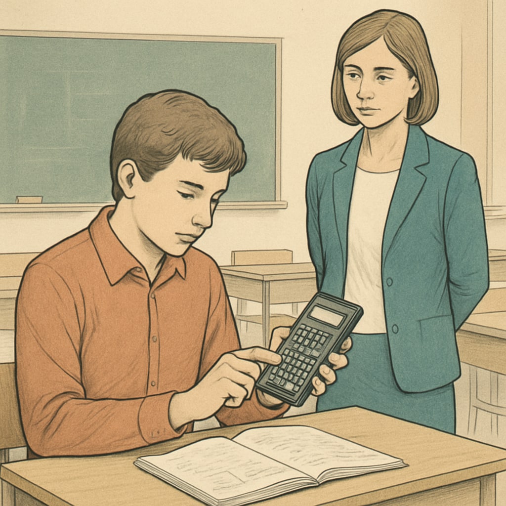 A student using an RPN calculator during a math class, with a teacher observing nearby. A student solving math problems on an RPN calculator in class, emphasizing education.