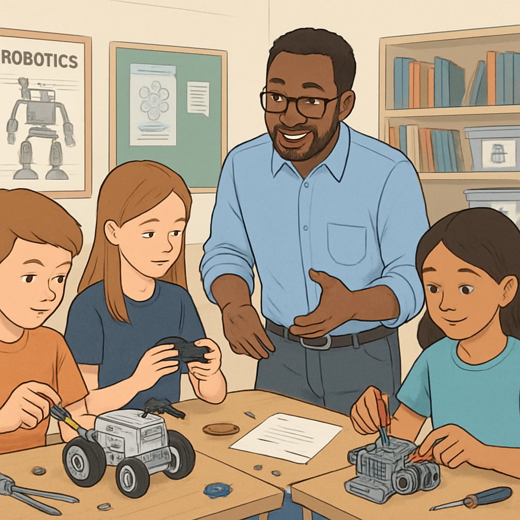 A classroom with students engaging in a robotics project guided by an instructor with expertise in both education and engineering. Classroom with students working on robotics under a dual-degree educator.