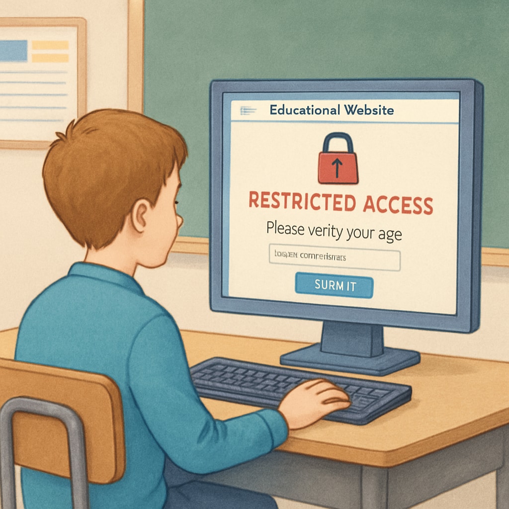 A student attempting to access a restricted educational website due to age verification laws. A student facing age verification restrictions while researching for school.