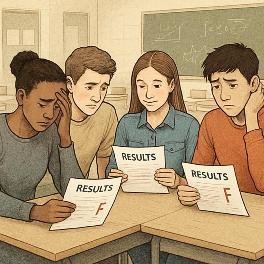 A group of students discussing their exam results, emphasizing emotional reactions like disappointment or relief. Students reacting to GCSE results with mixed emotions.