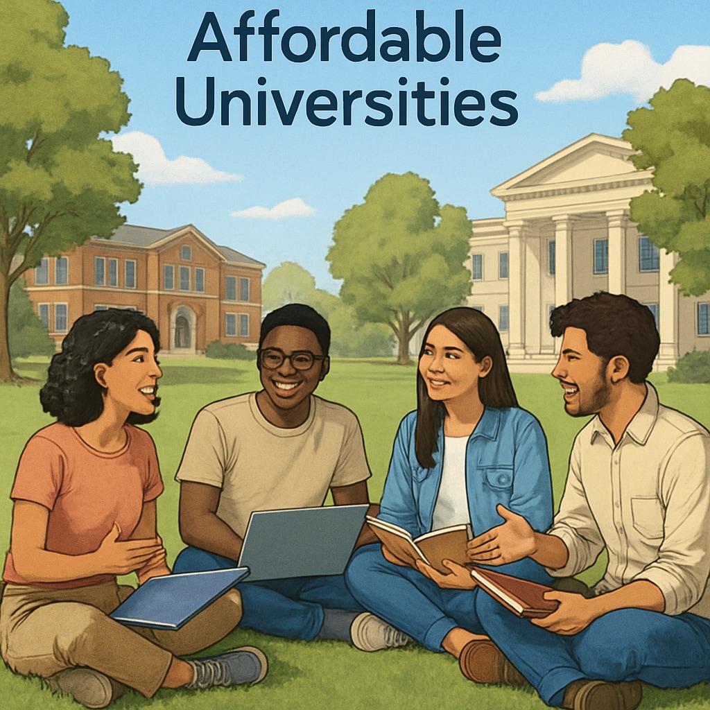 A diverse group of international students discussing affordable universities on a campus lawn. International students discussing AS level and affordable university options on a campus lawn.