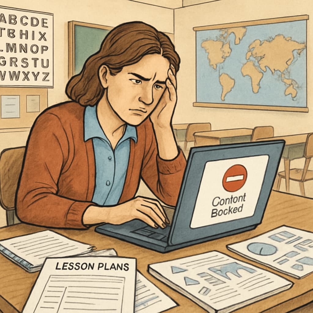 A teacher reviewing lesson plans on a laptop, frustrated by blocked digital content. A teacher dealing with restricted access to educational websites due to age verification laws.